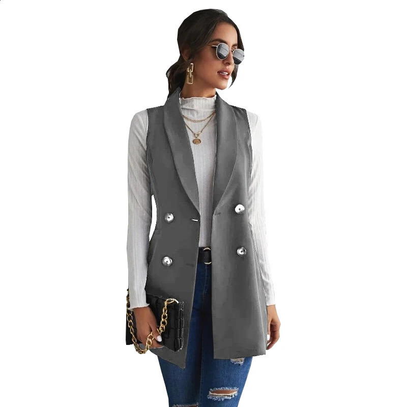 Womens jacket double chest long jacket retro ultra-thin waist jacket womens sleeveless 240828