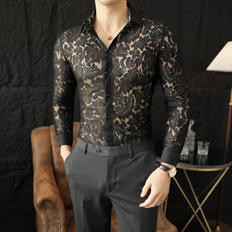Mens Mesh See Through Flower Lace Sheer Shirt Long Sleeve Sexy Clubwear Dress Shirts Party Event Prom Transparent Chemise Homme 240827