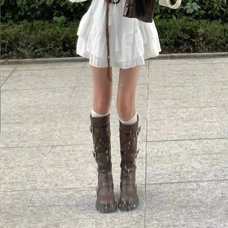 High Quality Womens Shoes Belt Buckle Womens Boots Fashion Solid Modern Boots Women Round Toe Knee-High Boots 240826