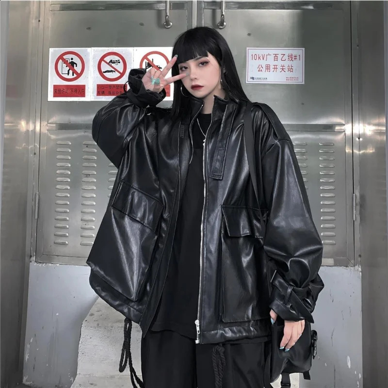 Deeptown Goth leather jacket womens Gothic oversized zipper Harajuku fashion streetwear jacket womens dark academic loose black 240827