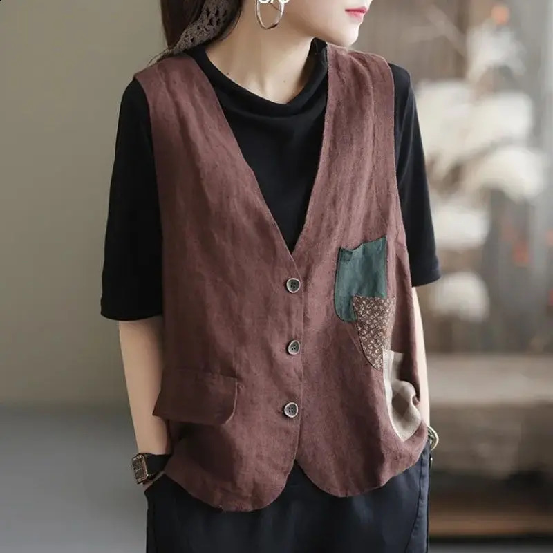 Summer womens cotton linen three pocket vest 240828