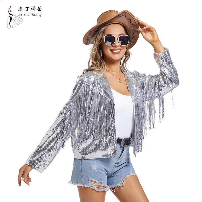 Womens sequined edge jacket long sleeved tassel sparkling party disco suit retro jacket 240827