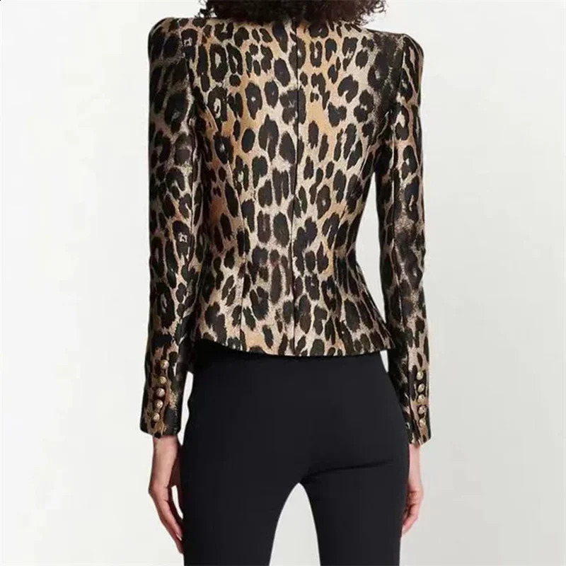 Womens jacket summer leopard print womens jacket Korean fashion double chest slim fit jacket high-quality long sleeved top 240827
