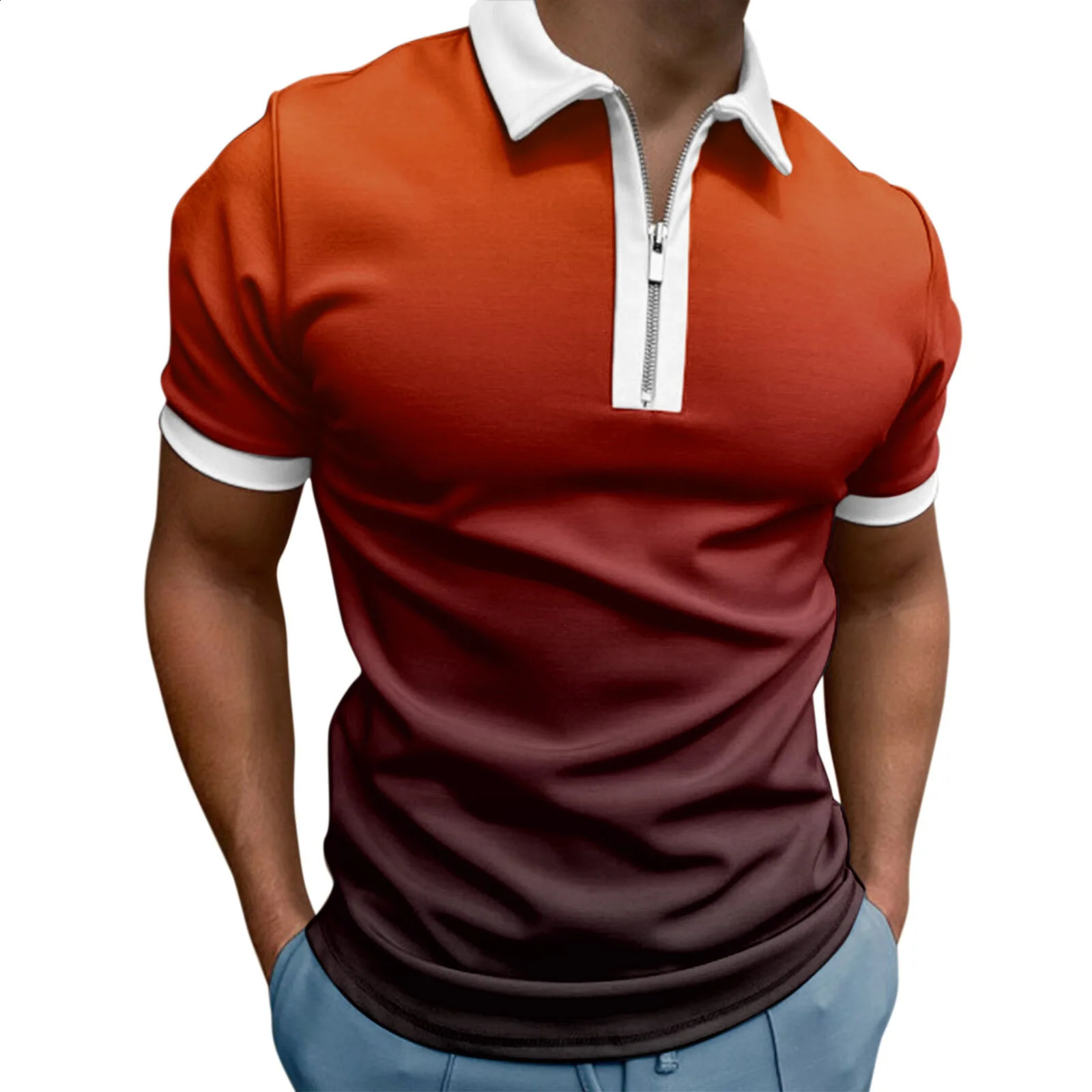 3D Gradient Printed Mens Zipper Neck Polo Shirt European and American Trend Short Sleeve Tshirt 240828