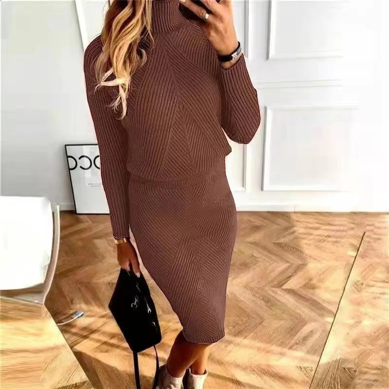 Autumn Winter Womens Knitted Clothing Turtle Neck Solid Color Pullover Sweater Ultra Thin Dress Two Piece Set Warm w240827