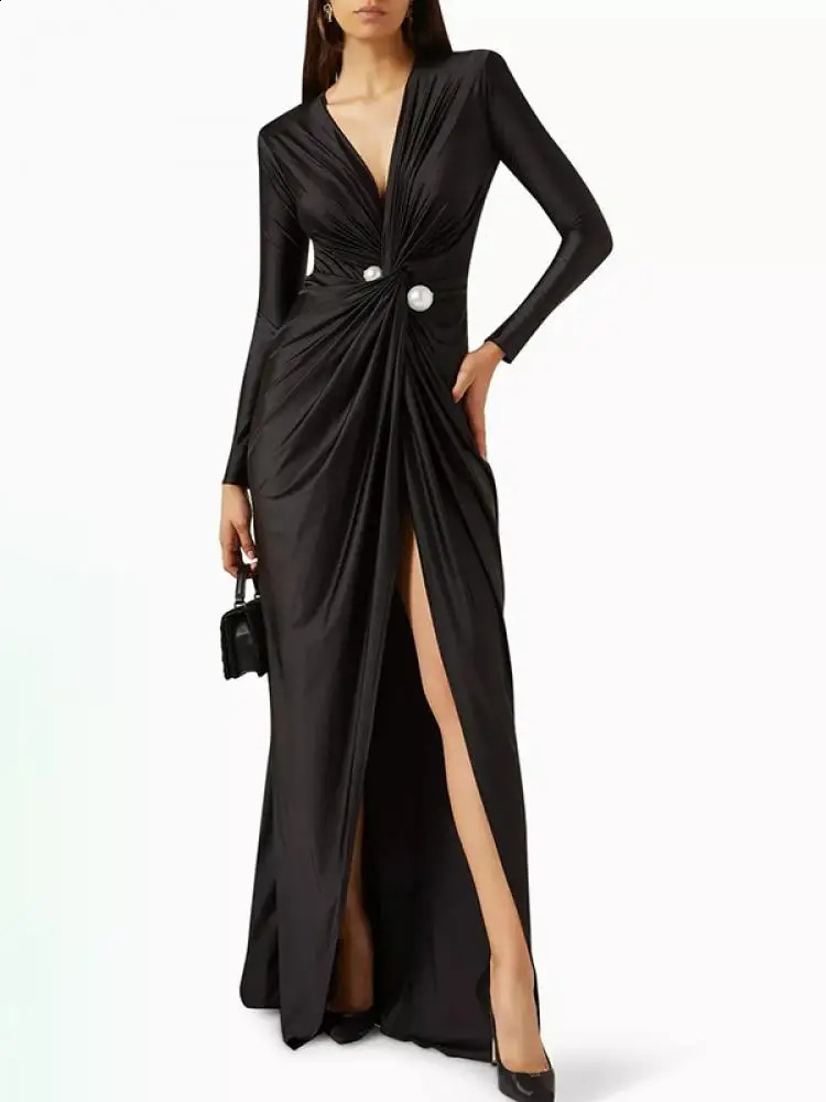 Bohohipei Womens Fashion Waist Deep V-neck Folded Ball Long Sleeve Dress Spring/Summer Elegant Wedding Long Dress 240828