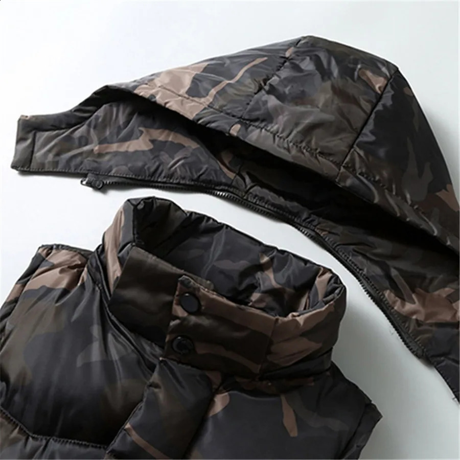 Mens Winter Tank Top Warm Thick Sleeveless Jacket with Camouflage Hooded Belt Work Clothes 240827