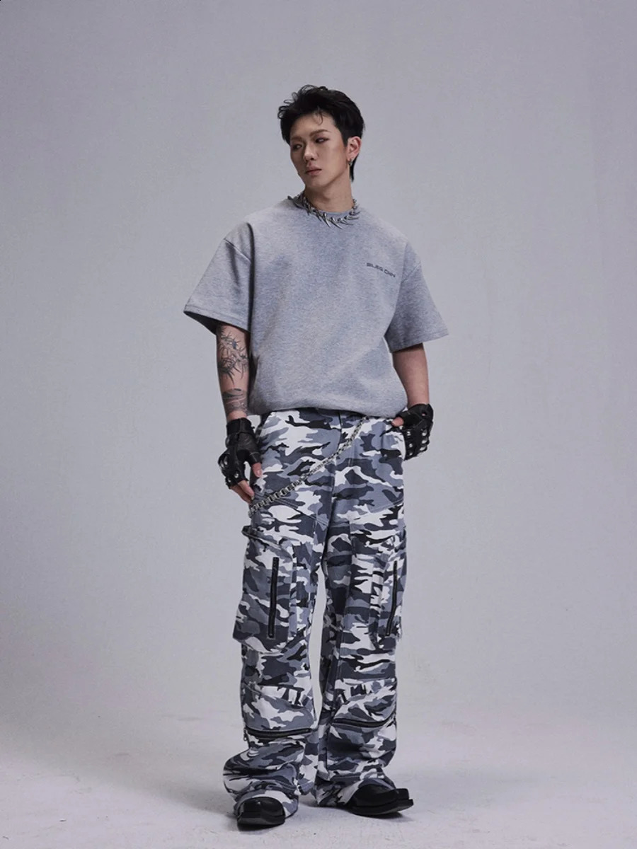Camouflage zipper multi pocket casual pants summer retro workwear street mens Harajuku cargo 240827