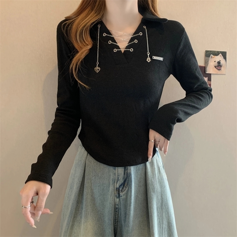 Fashion Womens Autumn Long Sleeve Solid Color Chain Polo Neck Knitted Ultra Thin Black T-shirt Kpop Y2k Top Harajuku 240827