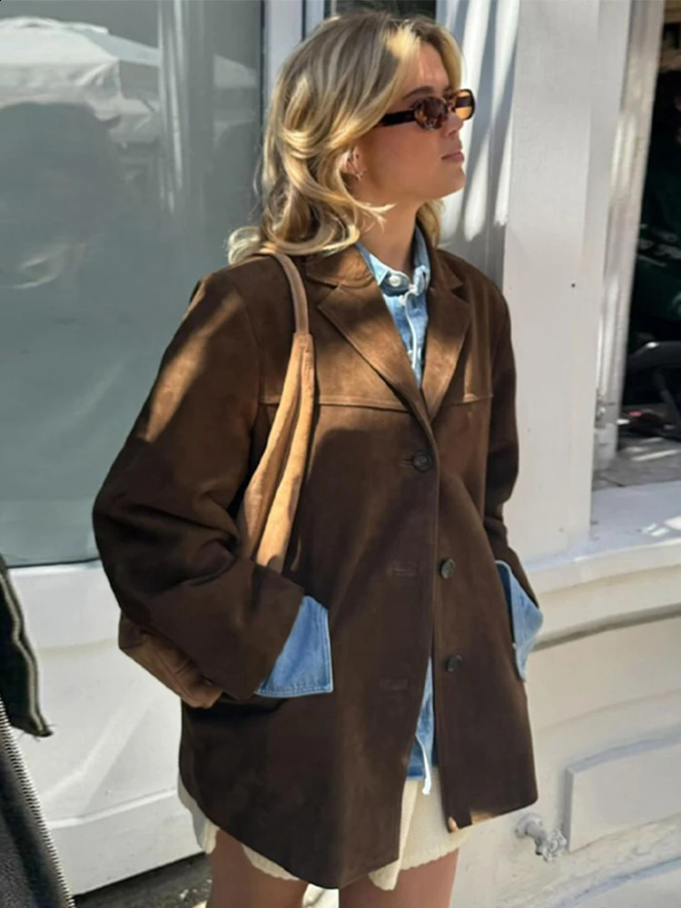 Retro suede bomber jacket for women loose collared long sleeved single corset autumn womens solid street coat 240827