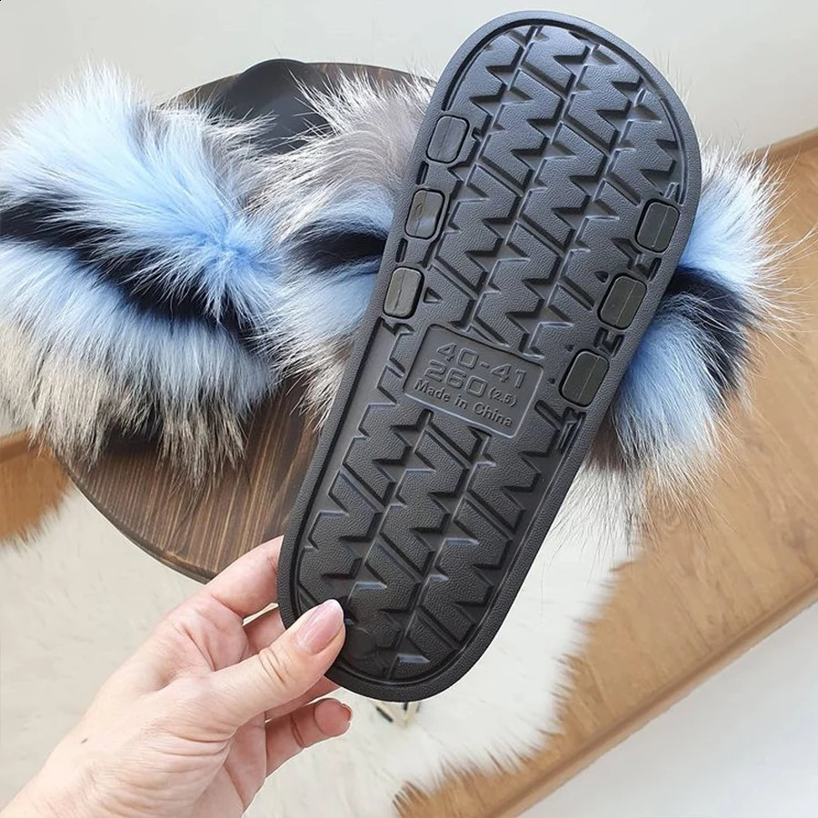 Q K Real Fox Fur Slider Womens Home Fluffy Slider Comfortable Fur Summer Apartment Sweet Womens Shoes Womens Fur Indoor Flip Cover 240827