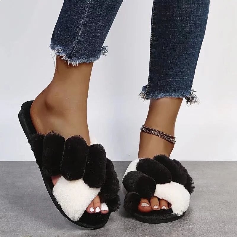 Womens winter home fur slider fluffy artificial fur home slider flat fashionable indoor floor shoes womens flip sofa 240827