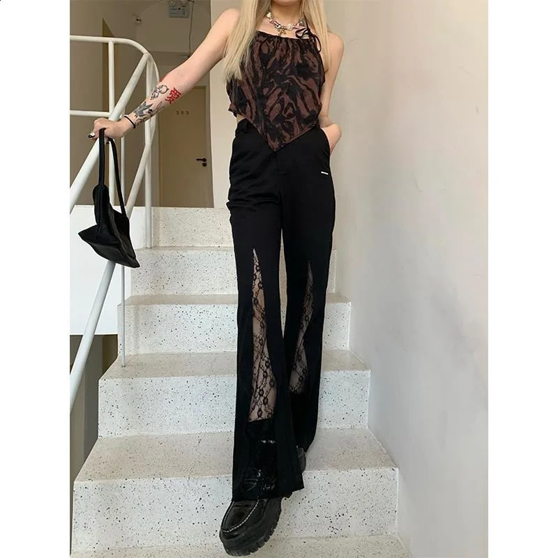 Deeptown Y2k Coquette Lace Flare Pants Woman Gothic Patchwork Baggy Vintage Black Trousers Korean Fashion Straight Streetwear