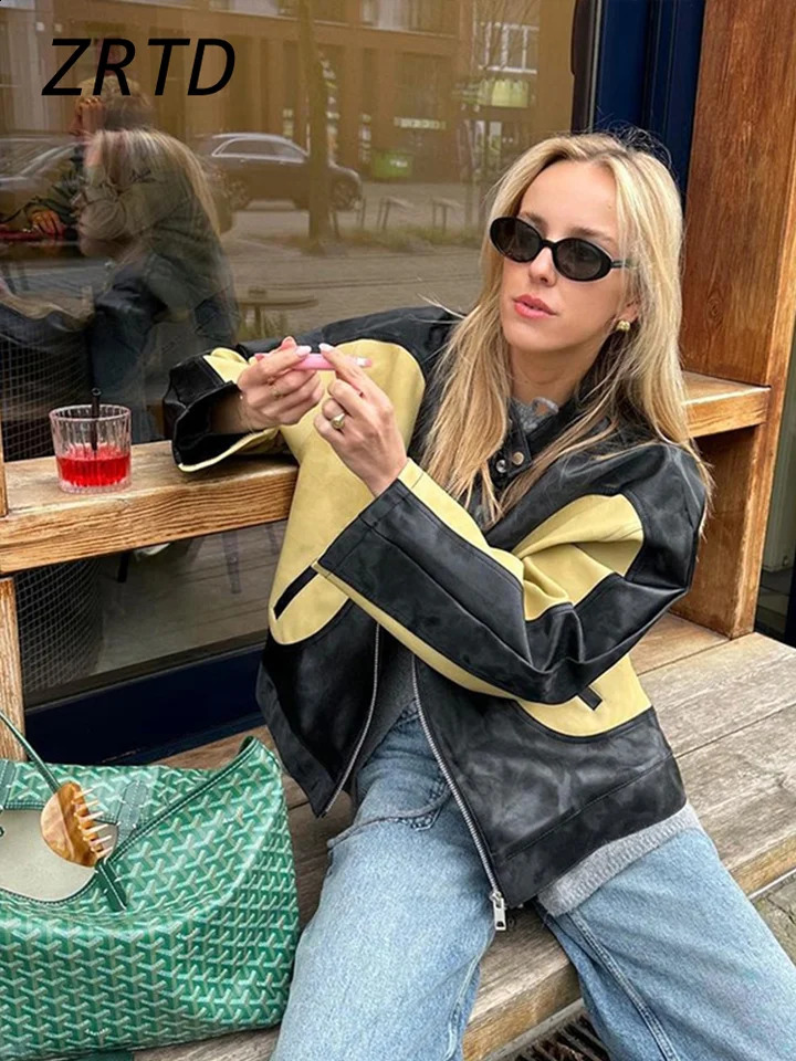 Fashion patch work womens leather jacket loose O-neck long sleeved zipper motorcycle jacket autumn womens comparison Y2K jacket 240827