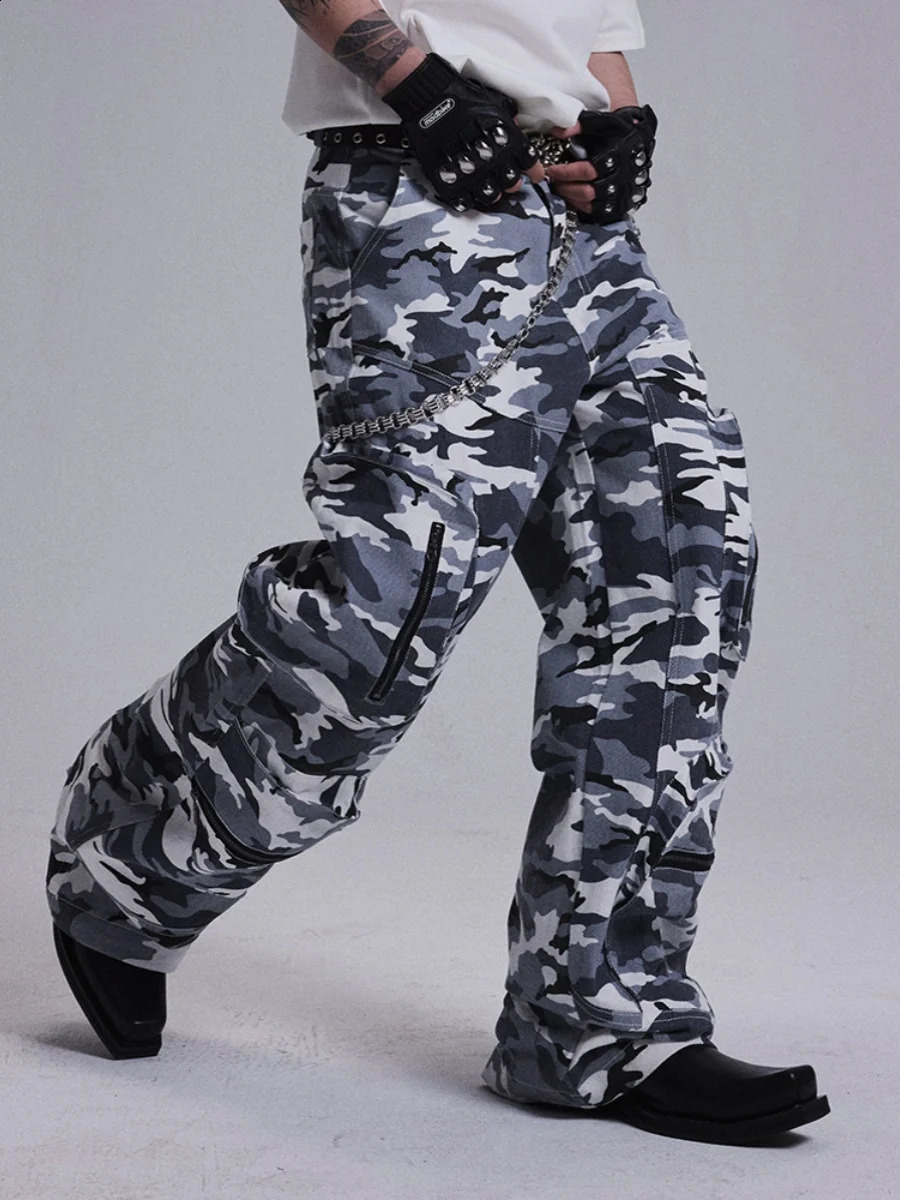 Camouflage zipper multi pocket casual pants summer retro workwear street mens Harajuku cargo 240827