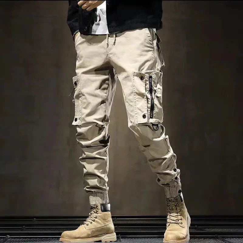 Retro American khaki mens drilling cargo pants fashionable slim fit casual small foot binding tactics 240827