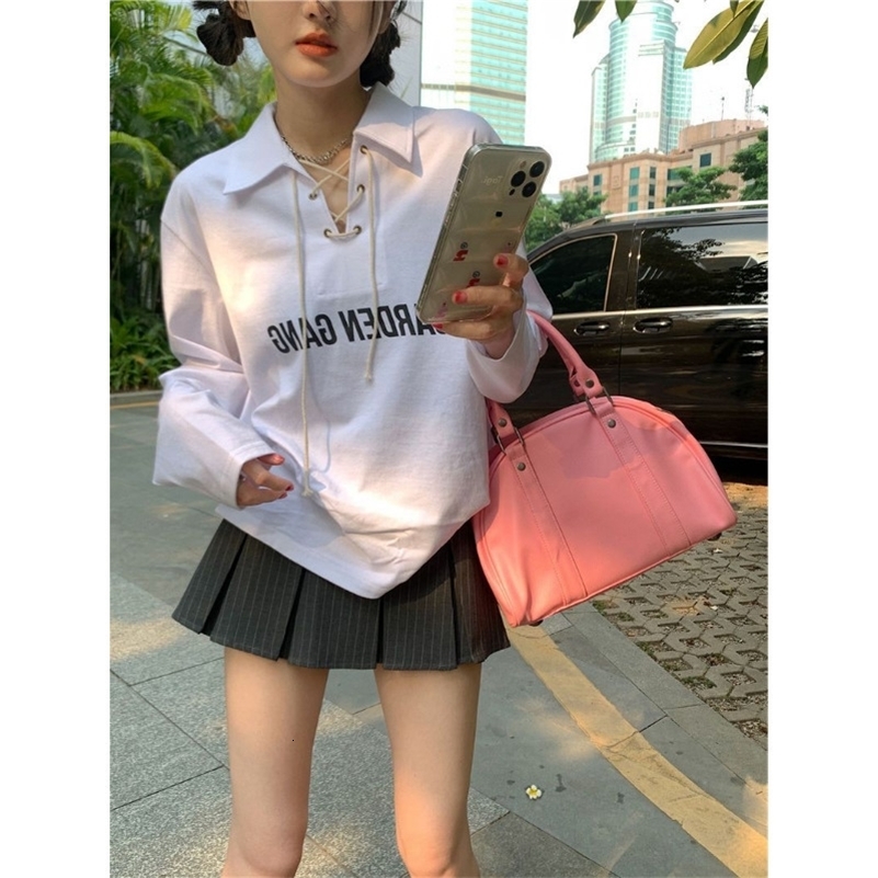 Korean Streetwear Y2k Crisscross Polo T-shirt Womens Harajuku Retro Letter Printed White T-shirt Casual Long Sleeve T-shirt 240827