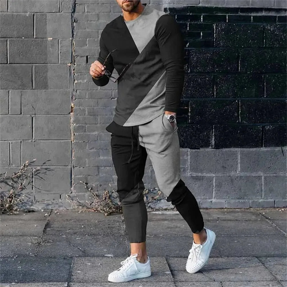 Mens sports shirt pants 2-piece set O-neck long sleeved sports shirt mens sports shirt 240827