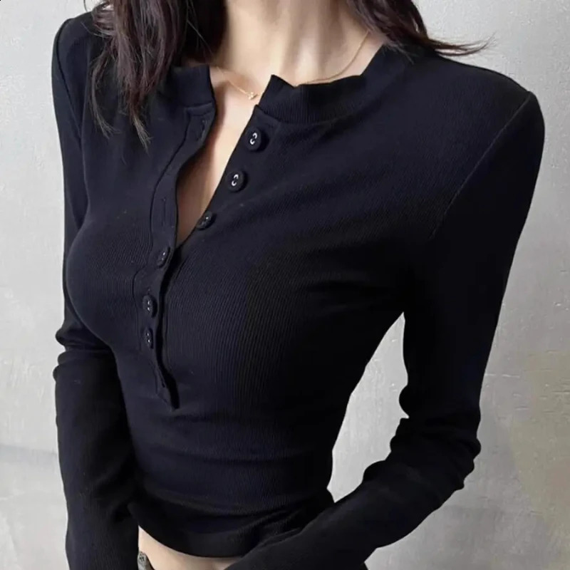 Polo Neck Womens T-shirt Korean Clothing Womens T-shirt Top Long Sleeve Y2k Fashion Trend 2025 Basic High Quality 240827