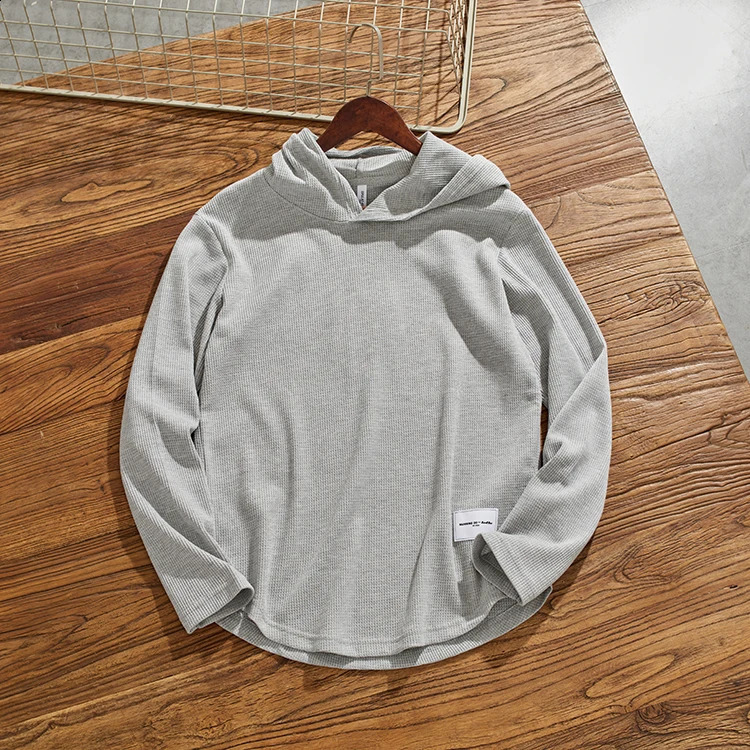Autumn American Retro 260g Heavy duty Long sleeved Hoodie Waffle Knitted Tshirt Mens Simple Casual Bottom Couple Top 240828