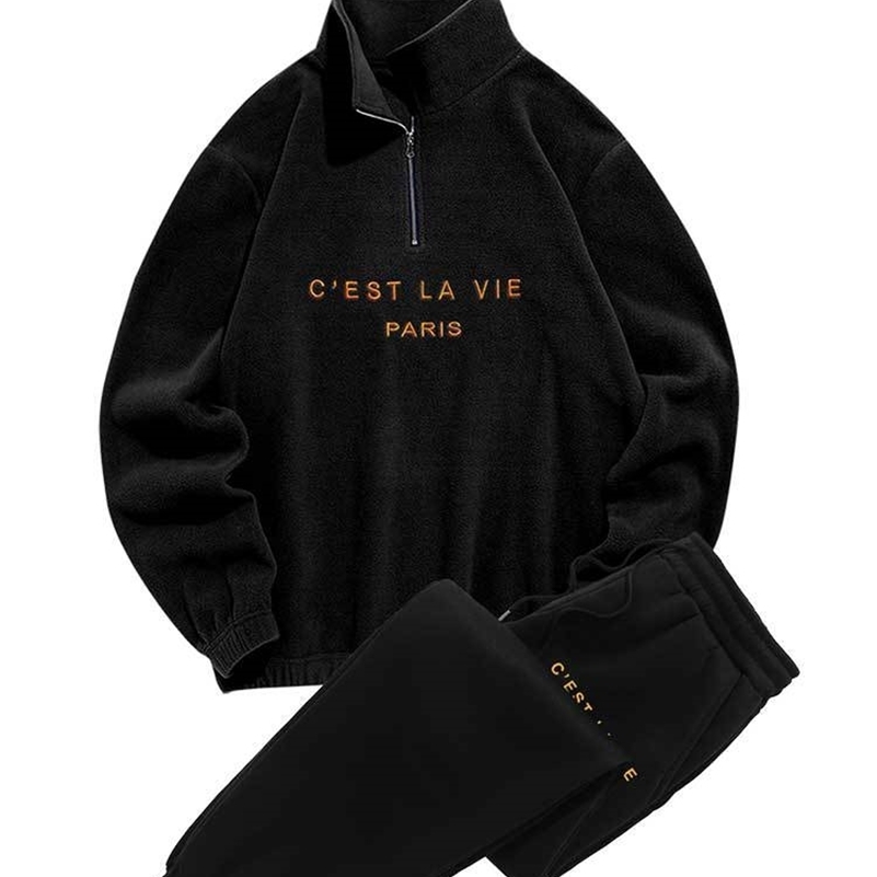 Mens Polar Wool Hoodie with Embroidered Alphabet Sweatshirt Comes with Mens Sports Pants Set Navy Blue Collar Zipper Set 240827