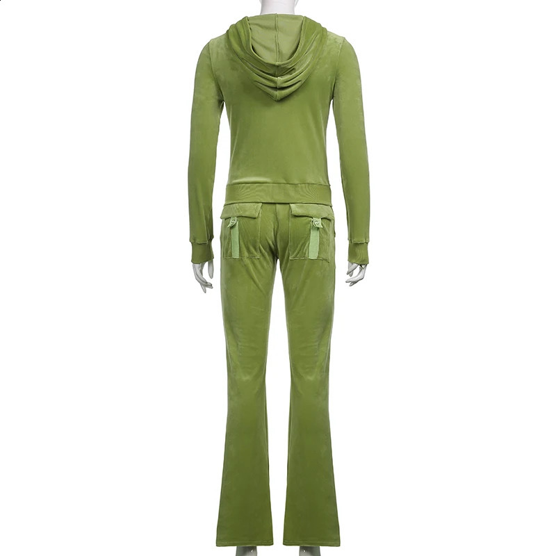 Darlingaga Vintage Fashion Green Velour Autumn Tracksuit Women Zip Up Hoodie and Pants Suits Two Piece Set Workout Solid Outfits 240827