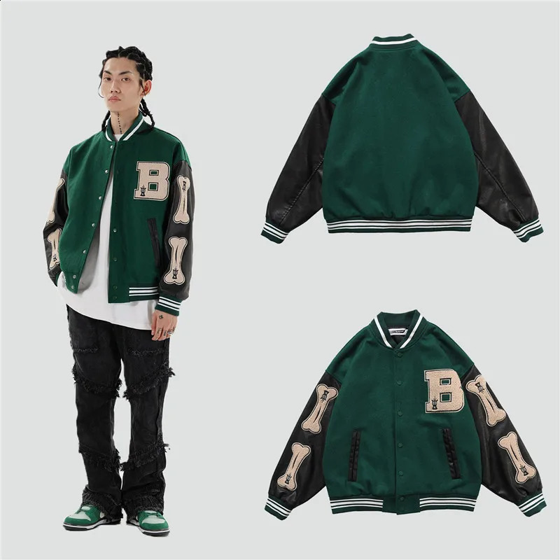 Mens school team bomber jacket Harajuku Korean bone letter patch work hiphop street clothing single Brefreshed baseball neutral college 240827