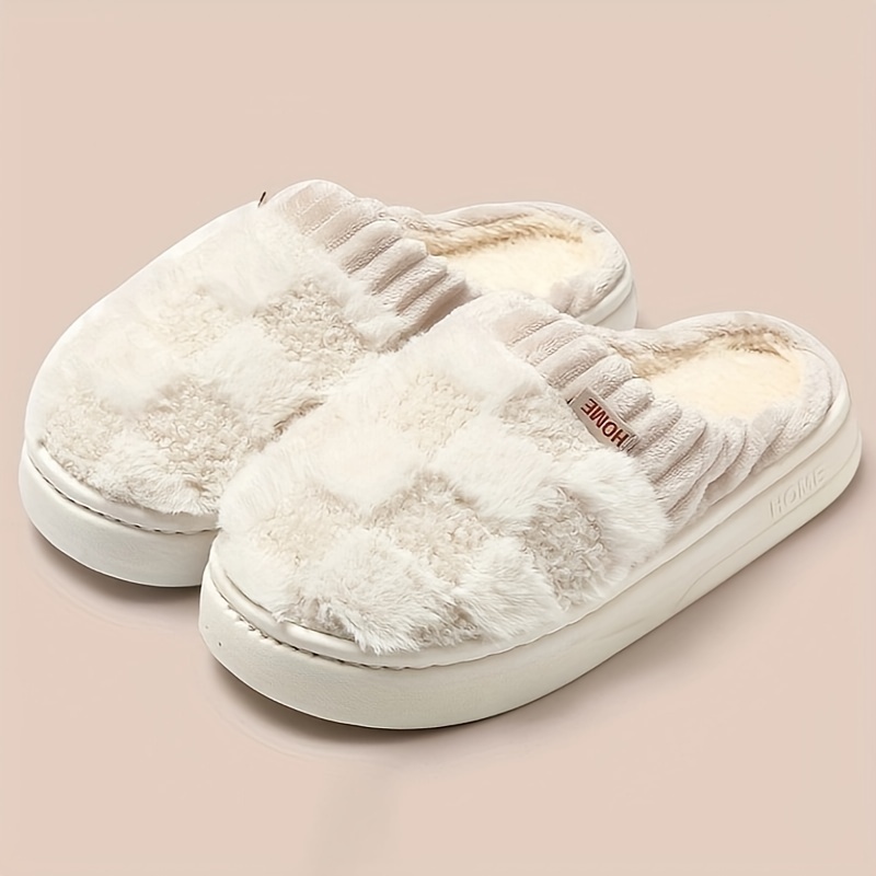 Cozy Plaid Plush Slippers - Soft fabric upper, comfortable closed toe, warm plush lining, PVC sole, casual slipper style, winter warmth - Great for in