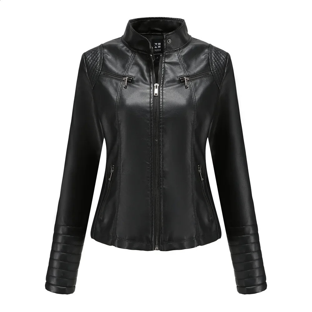 Artificial leather womens coat Pu Coats thin jacket full sleeve stand collar slim fit solid sexy regular jacket zipper casual splicing 240827