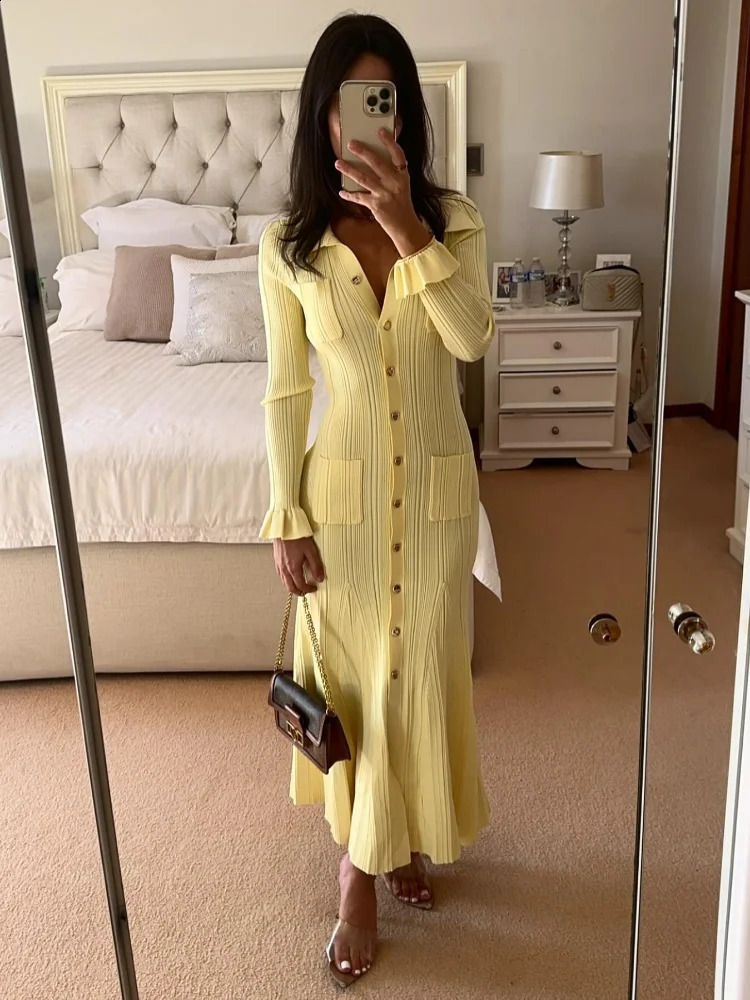Elegant Yellow Single Chest Split Knit Long For Chic Sparkg Sleeves Pleated Hem Office Womens Party Dress 240827