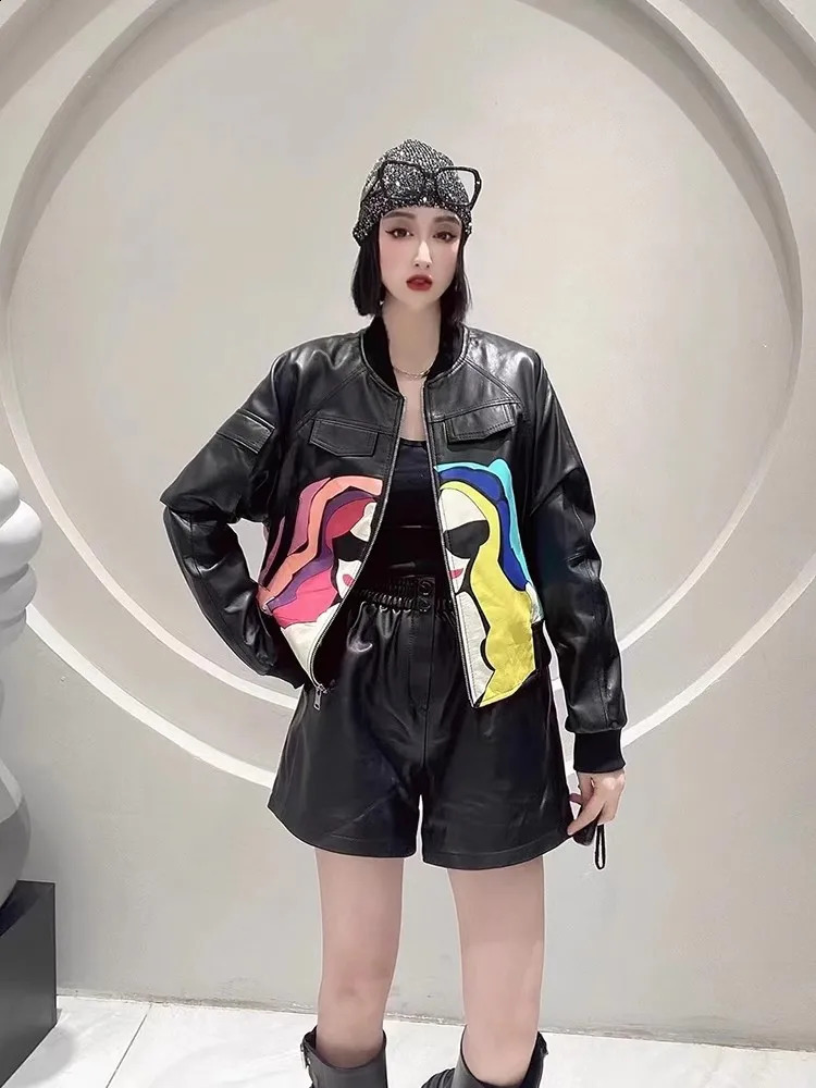 Fashion womens zipper holder collar color printed bomber jacket spring and autumn short style sheepskin leather jacket 240827