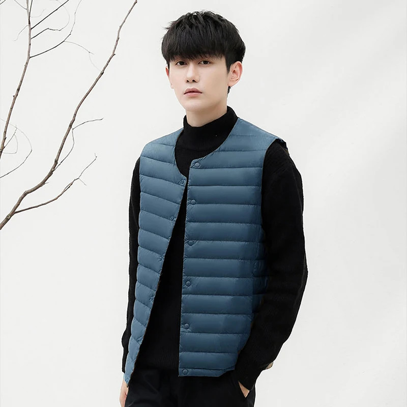 Mens sleeveless Vneck vest for winter warmth 90% duck down lining jacket mens Oneck 240827