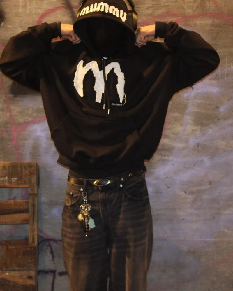 Y2k Street Fashion Loose Hoodie Retro Letter Embroidery Over Pulling Mens Hip Hop Rock Sportswear Womens 240827