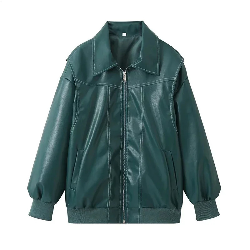 Syiwidii womens casual jacket with lapel long sleeved zipper leather jacket Y2K fashionable womens streetwear jacket 240827