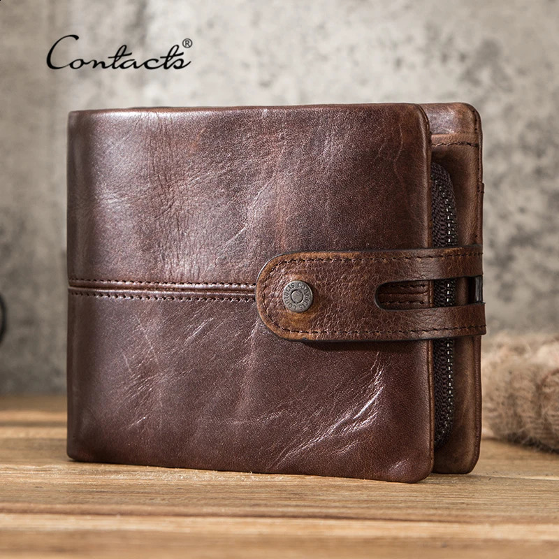 CONTACTS Casual Men Crazy Horse Short Coin Purse Hasp Wallet Cow Leather Clutch Wallets Male Carteiras 240828