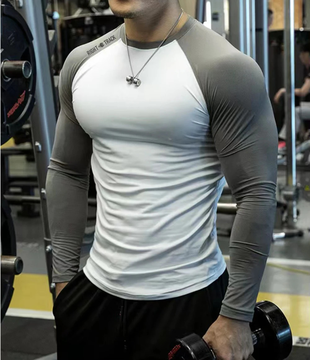 mens long sleeved fitness suit two tone damping tight fitting sportswear Righttrack milk silk fabric 240827