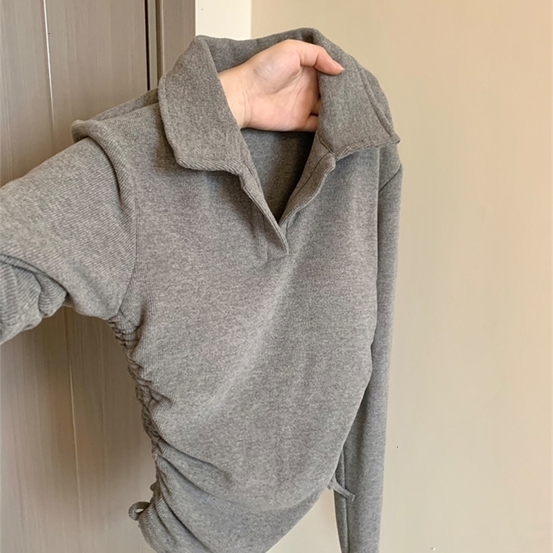 Womens Grey T-shirt Harajuku Korean Y2k T-shirt Top Emo 2000s Retro 90s Retro Long Sleeve Polo Neck T-shirt Clothing 240827