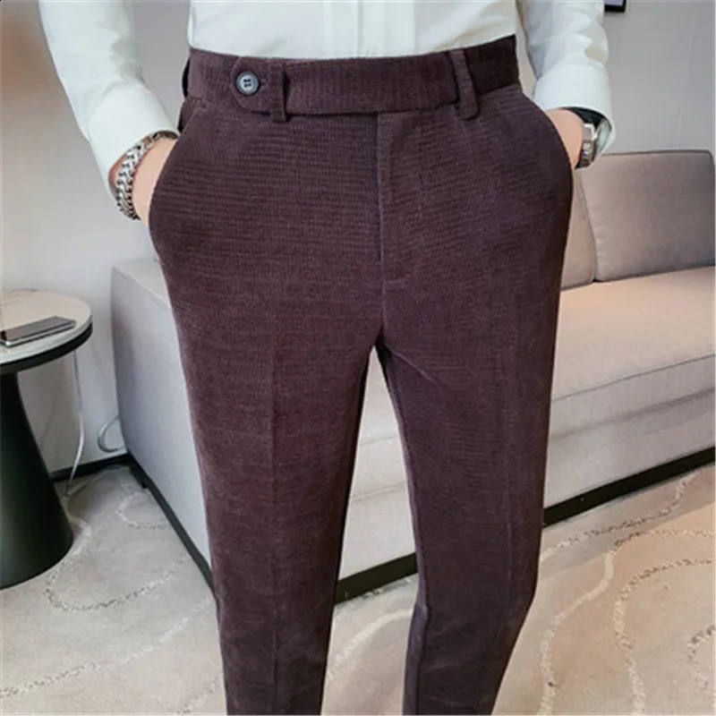 Corduroy set pants chic Neapolitan waist British style mens business social dress pants mens Trouser Pantalones Hombre clothing 240828