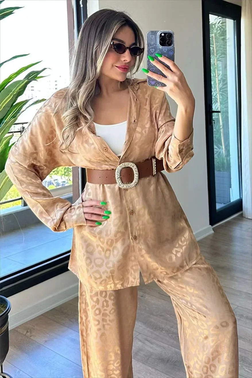 Autumn White Satin Wide Leg Mens Set Womens Office Leopard Pattern Two Piece Home Rail Suit Pajama 240827