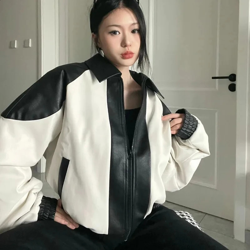MEXZT streetwear Pu leather jacket womens oversized spliced work motorcycle jacket Bf Harajuku retro loose casual jacket top 240827