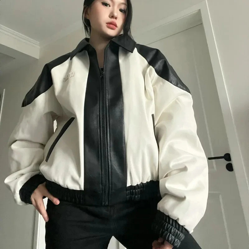 MEXZT streetwear Pu leather jacket womens oversized spliced work motorcycle jacket Bf Harajuku retro loose casual jacket top 240827