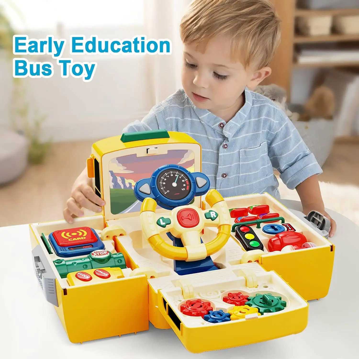 Montessori bus toys with sound and light childrens simulated steering wheel gear toys childrens simulated driving bus toys W240827