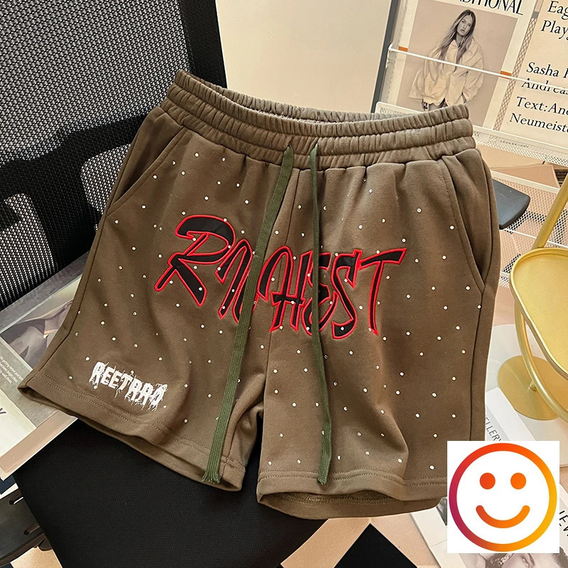 Diamond Patch Embroidered Letter Casual Shorts Loose Drawstring Shortpants Jorts for Men Women 240827