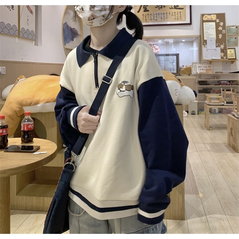 Embroidered puppy polo shirt for women thick velvet oversized sweater autumn Y2K Harajuku warm long sleeved T-shirt for teenagers 240827