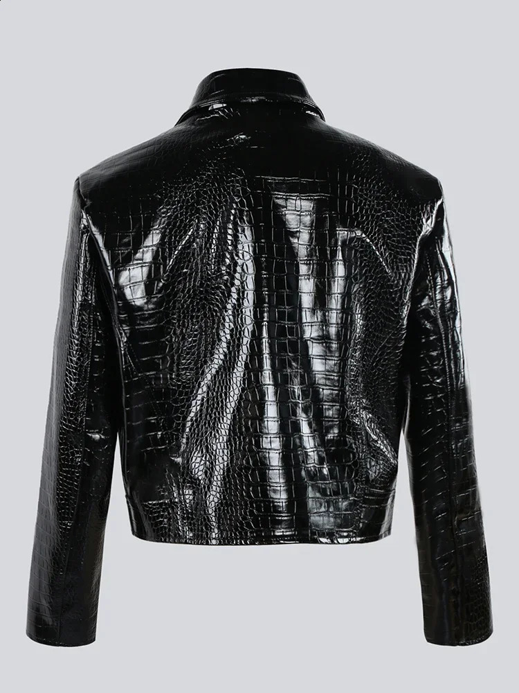 Sapphire autumn short sleeved cool green hard shiny print patent Pu leather jacket womens long sleeved Y2K clothing 240827
