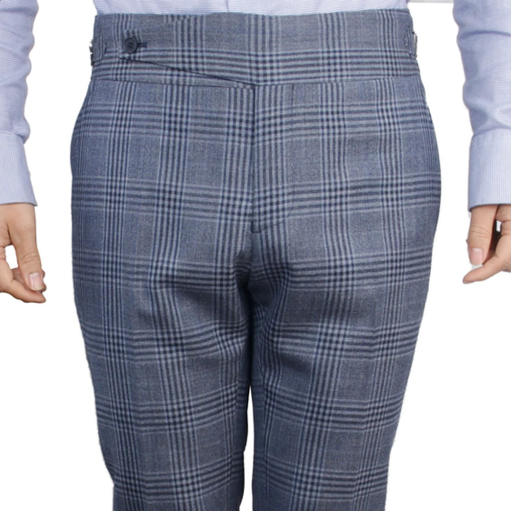 Italian Neapolitan style custom Trouser large elongated label fastening strap thick waistband side adjustable blue grey plain weave tailor 240828
