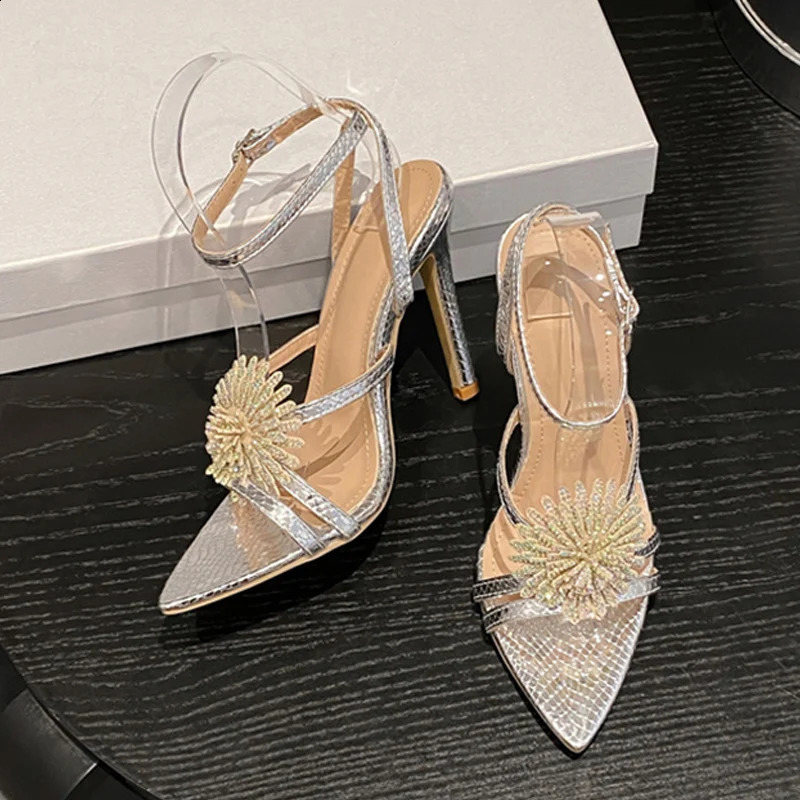 Liyke sexy snake patterned leather ankle strap sandals womens summer fashion crystal flower toe party dress high heels 240827