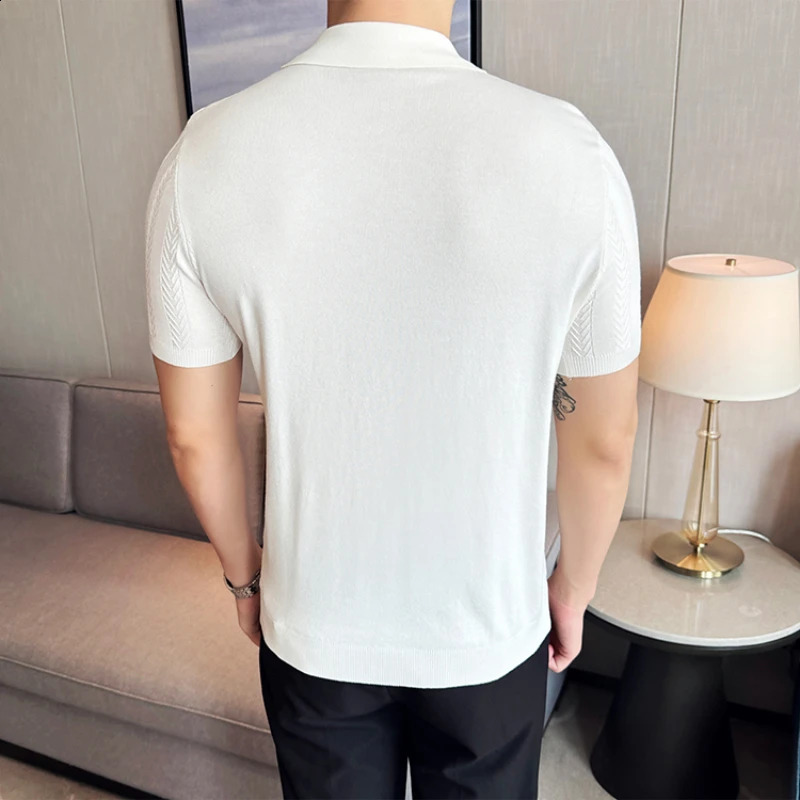 Mens business casual solid color polo shirt mens Word woven thin stripe short sleeved sweater Stretchable breathable Tshirt 240828