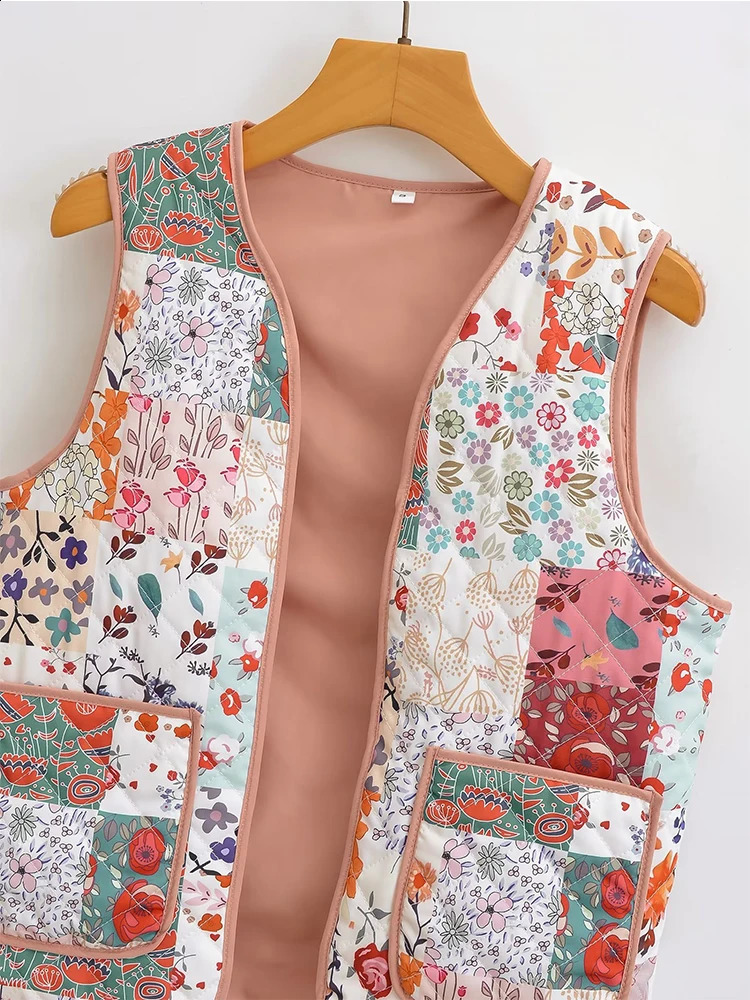 YENKYE Ethnic Womens Patch Work Flower Printed Quilted Tank Top Sleeveless Coat V-neck Pocket Womens Retro Waist Coat 240828