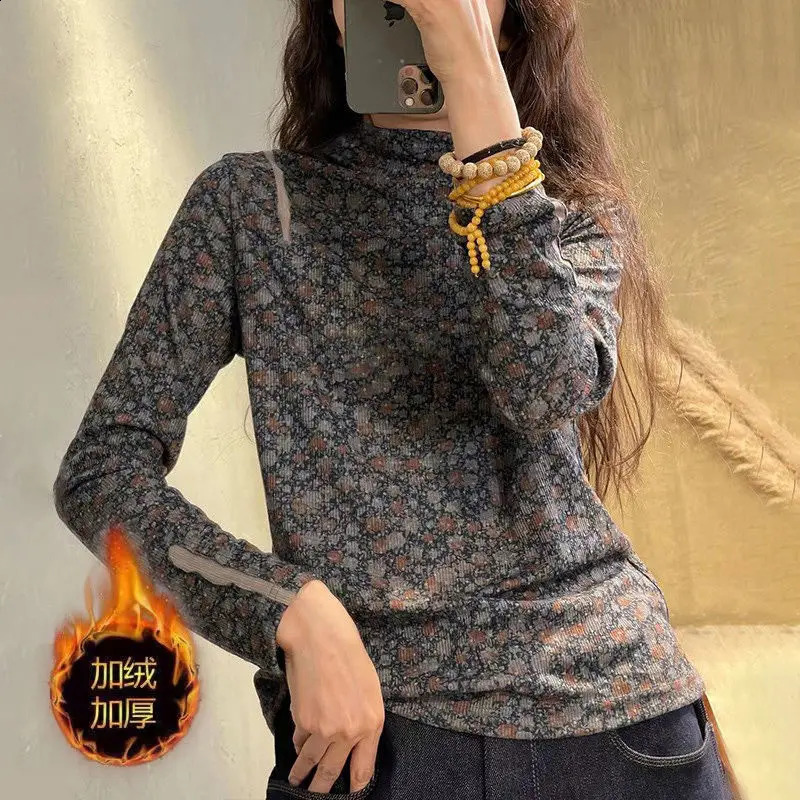 Autumn Womens Elegant Half Collar Flower Bottom Shirt Comfortable Casual Long Sleeve Tshirt 240827